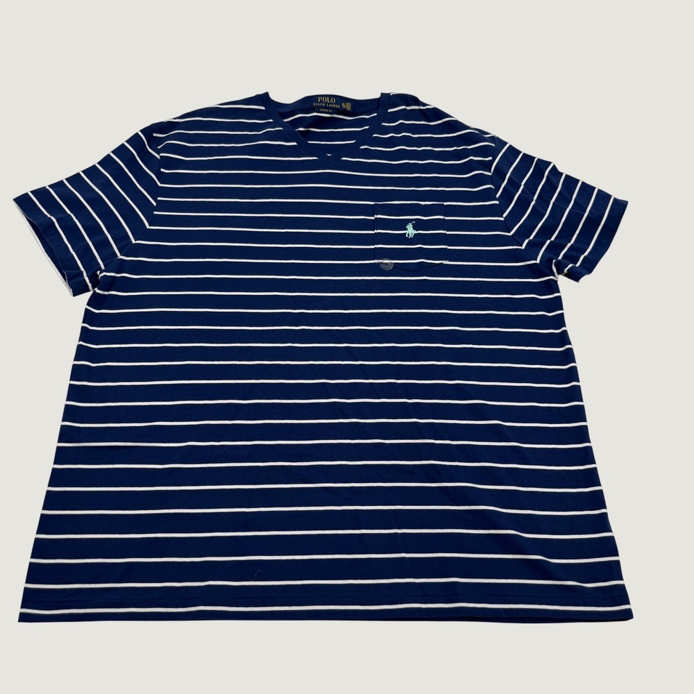 Polo Ralph Lauren Mens XL‎ Classic Fit V-Neck Striped Pocket T-Shirt Navy White